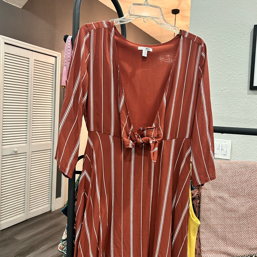 Muse Terracotta and White Striped Long Sleeve Dress